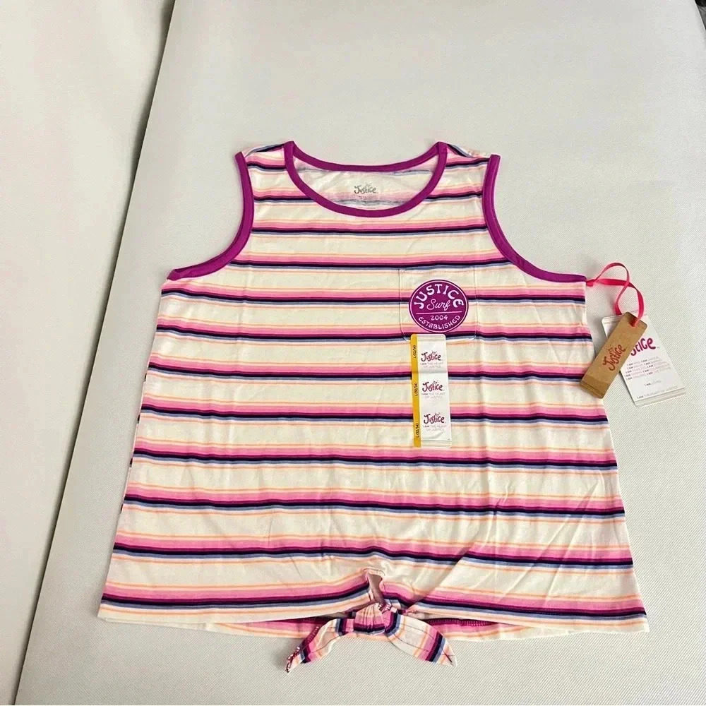 Justice Girls Graphic Tank Size Large ((12-14) Cream Warm Stripe Magenta